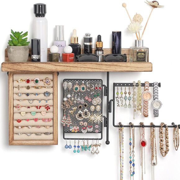 Elegant Wall Jewelry Organizer with Shelf for Rings and Rotating Earring Holder - Picture 1 of 9